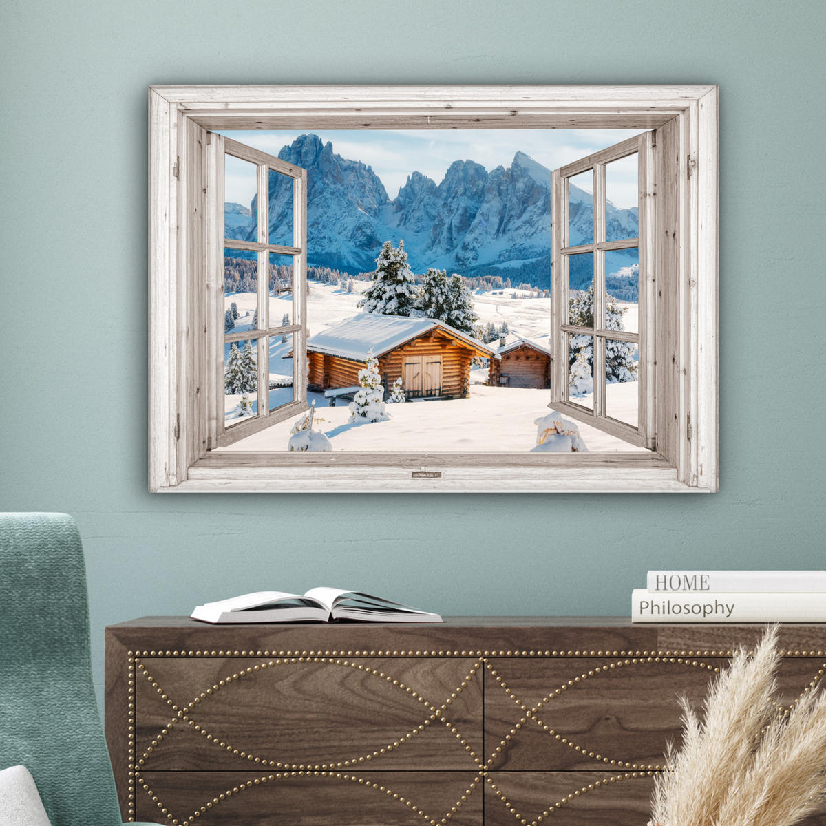 LEINWANDBILD Winterlandschaft - Hütte - Berge - Ausblicke - Aussicht - Natur Wandbilder 80x60 cm - Weiß Hochglanz, Textil (80/60cm) - MuchoWow