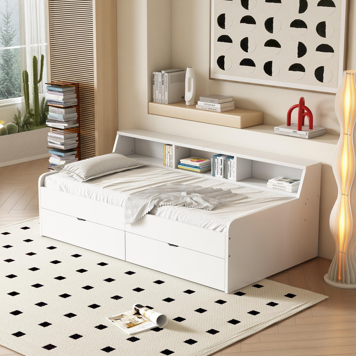 TAGESBETT 90/200 cm weiß mit zwei Schubladen und Staufach - Weiß, Holz (90/200cm) - OKWISH