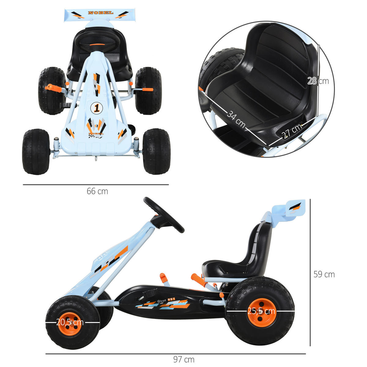 KINDER GO KART TRETAUTO, Hellblau, Stahl+ Kunststoff - Hellblau, Metall (97/66/59cm) - HOMCOM