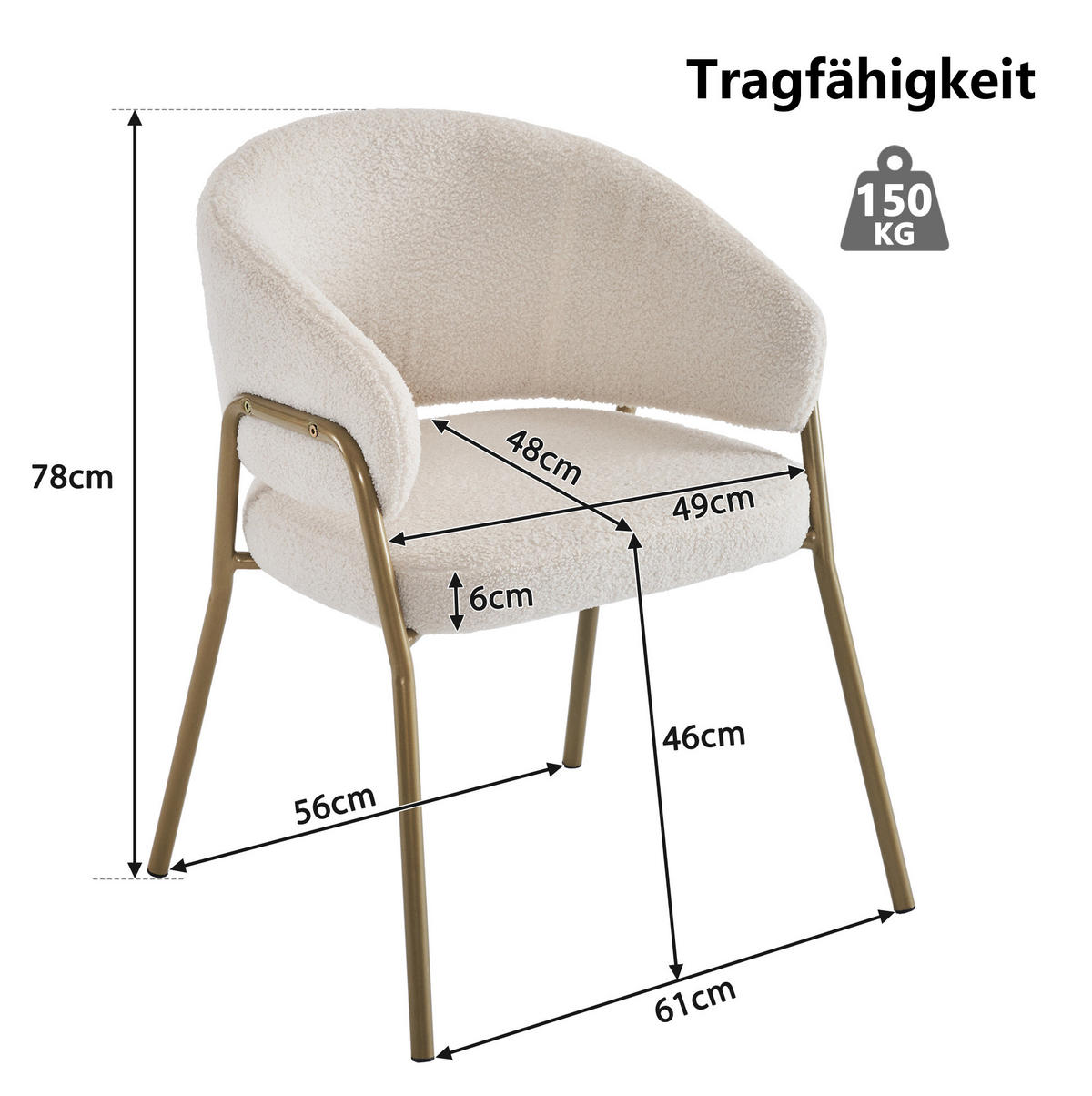 ESSZIMMERSTUHL mit Lochmuster Weiß Fleece goldfarbene Beine 2er-Set - Weiß, Metall (48/78/49.2cm) - Meubliv
