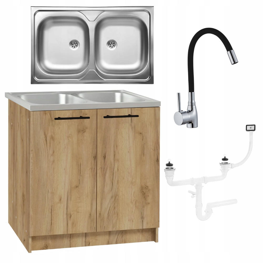 SPÜLUNTERSCHRANK 80cm mit Spüle + Armatur + Siphon Eichenfarbe - Eichefarben, Holzwerkstoff (80/82/46cm) - Stamar