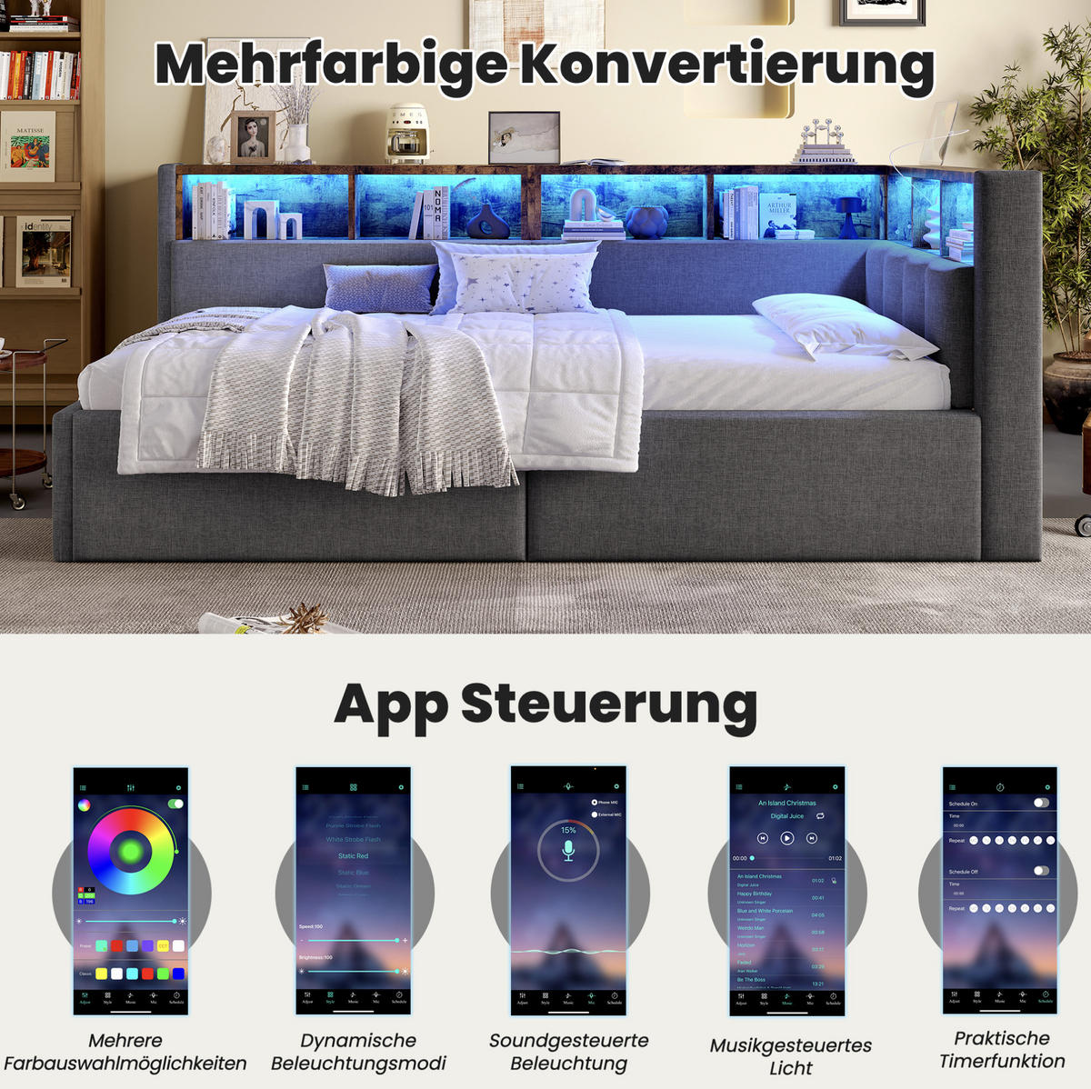 POLSTERBETT 90/200 cm Grau aus Leinen mit LED-Beleuchtung und USB- und Type-C-Anschlüssen - Grau, Textil (90/200cm) - Flora Grace