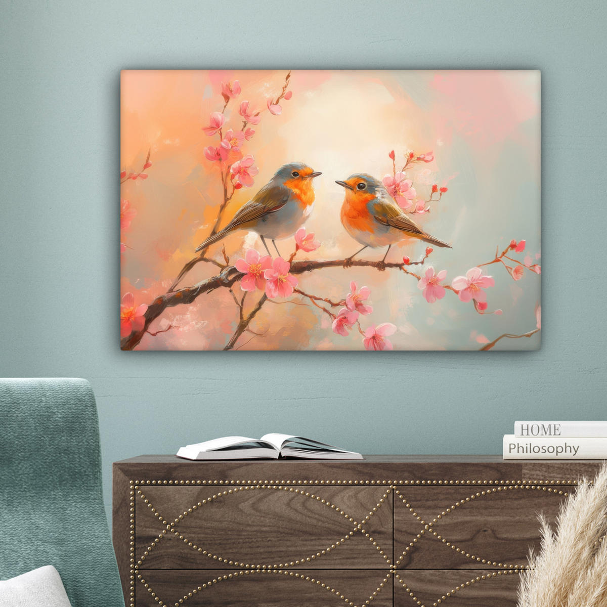 LEINWANDBILD Rotkehlchen - Zierpflanze - Blütenzweig Gemälde 60x40 cm - Hellrosa, Textil (60/40cm) - MuchoWow
