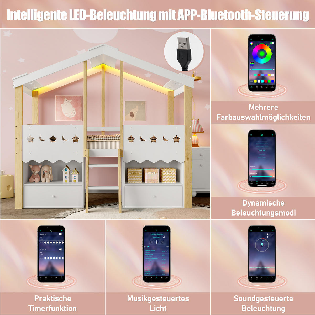 HOCHBETT 90/200 cm Hausform mit 2 Schubladen und LED-Beleuchtung in Weiß + Natur - Weiß, Holz (90/200cm) - OKWISH