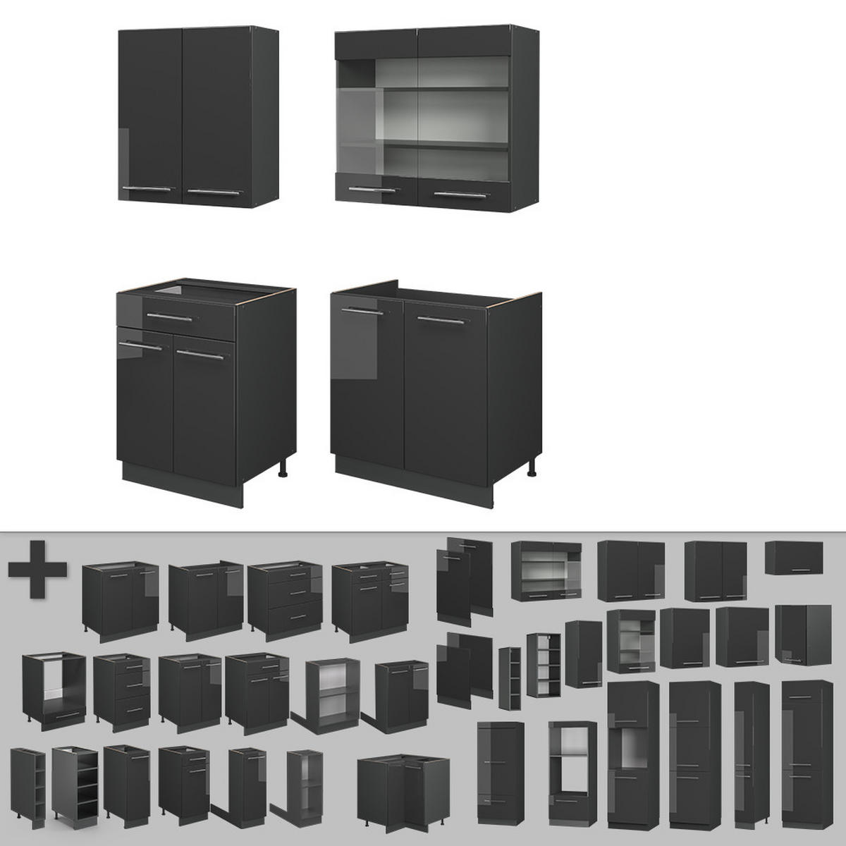 JEDNOTKOVÁ KUCHYNĚ Fame-Line Antracitový vysoký lesk - antracitová/vysoce lesklá černá, kompozitní dřevo (140/81.6/60cm) - Vicco