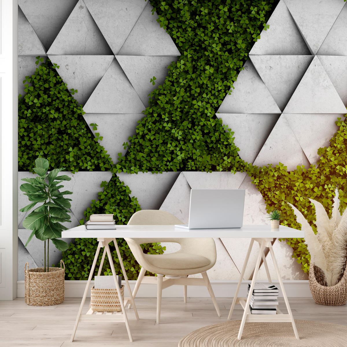 FOTOTAPETE für Wohnzimmer Klee Beton Dreiecke Abstraktion Modern 450x315 - Grau/Grün, Papier (450/315cm) - Muralo