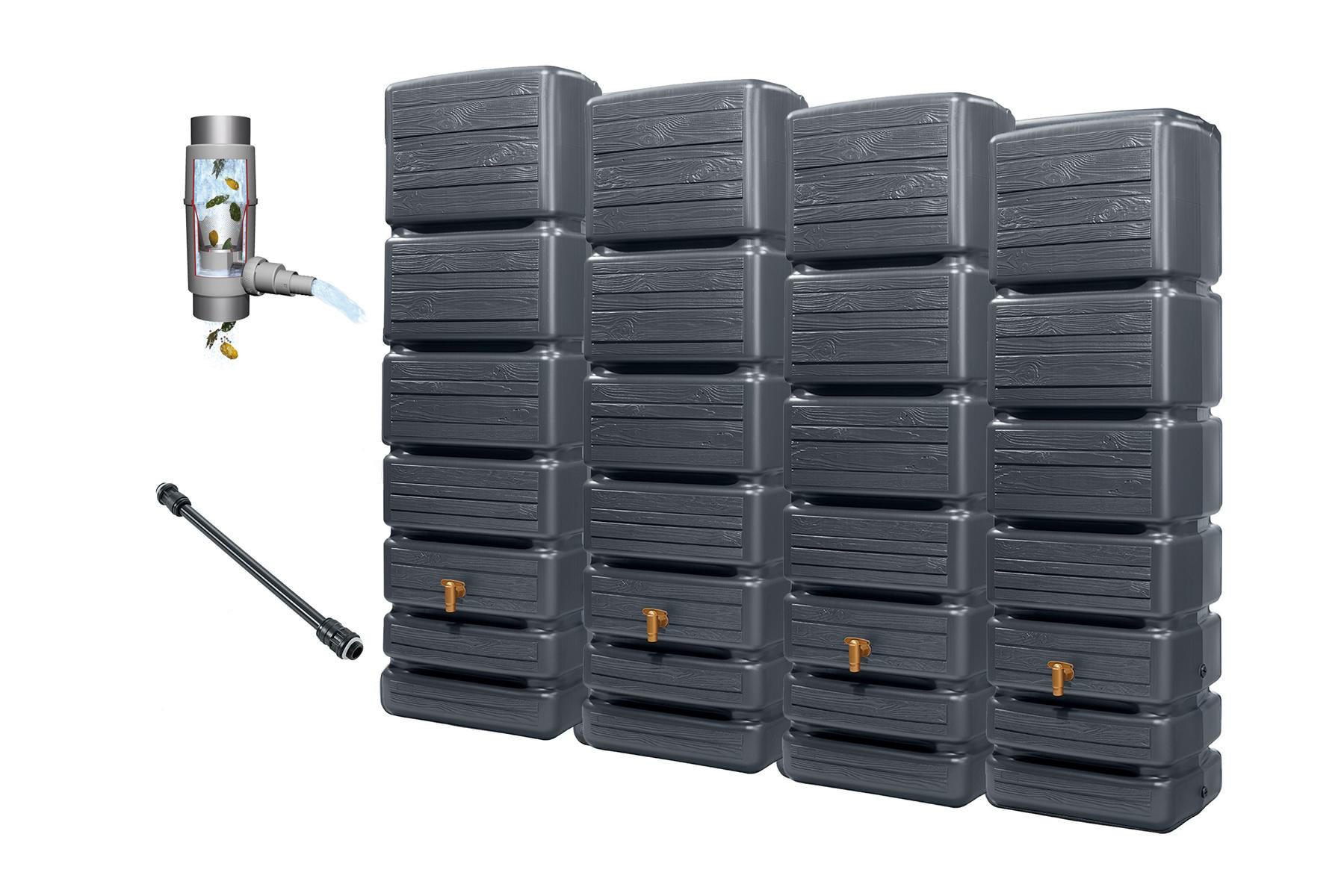 WANDTANK Komplett-Set 1400 L graphite grey 4 x 350 L inkl. Verbindungsset, Kunststoff-Auslaufhahn und Fallrohranschluss - Grau, Kunststoff (270/184/39cm) - 4rain