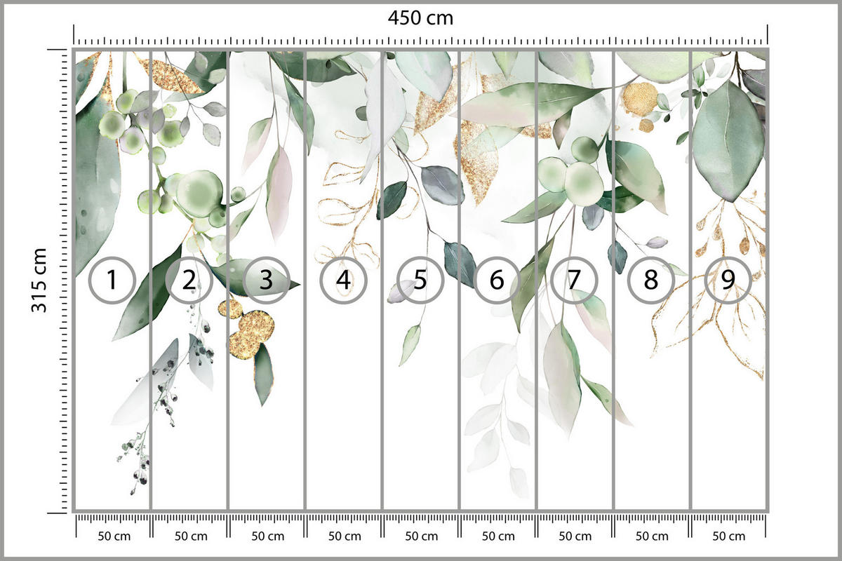 FOTOTAPETE für Schlafzimmer Aquarell Blätter Eukalyptus Weiß 450x315 - Gelb/Weiß, Papier (450/315cm) - Muralo