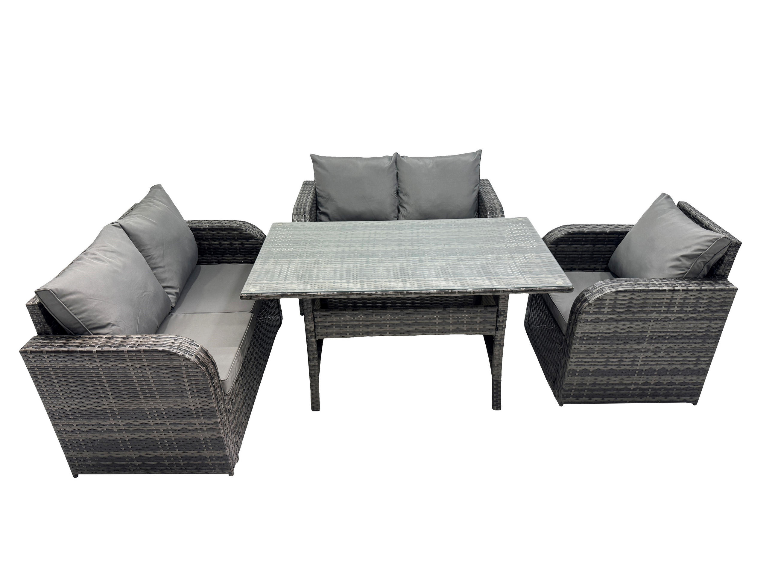 GARTENMÖBELGARNITUR mit Esstisch Polyrattan 5-Sitzer - Dunkelgrau/Grau, Glas/Kunststoff - Fimous