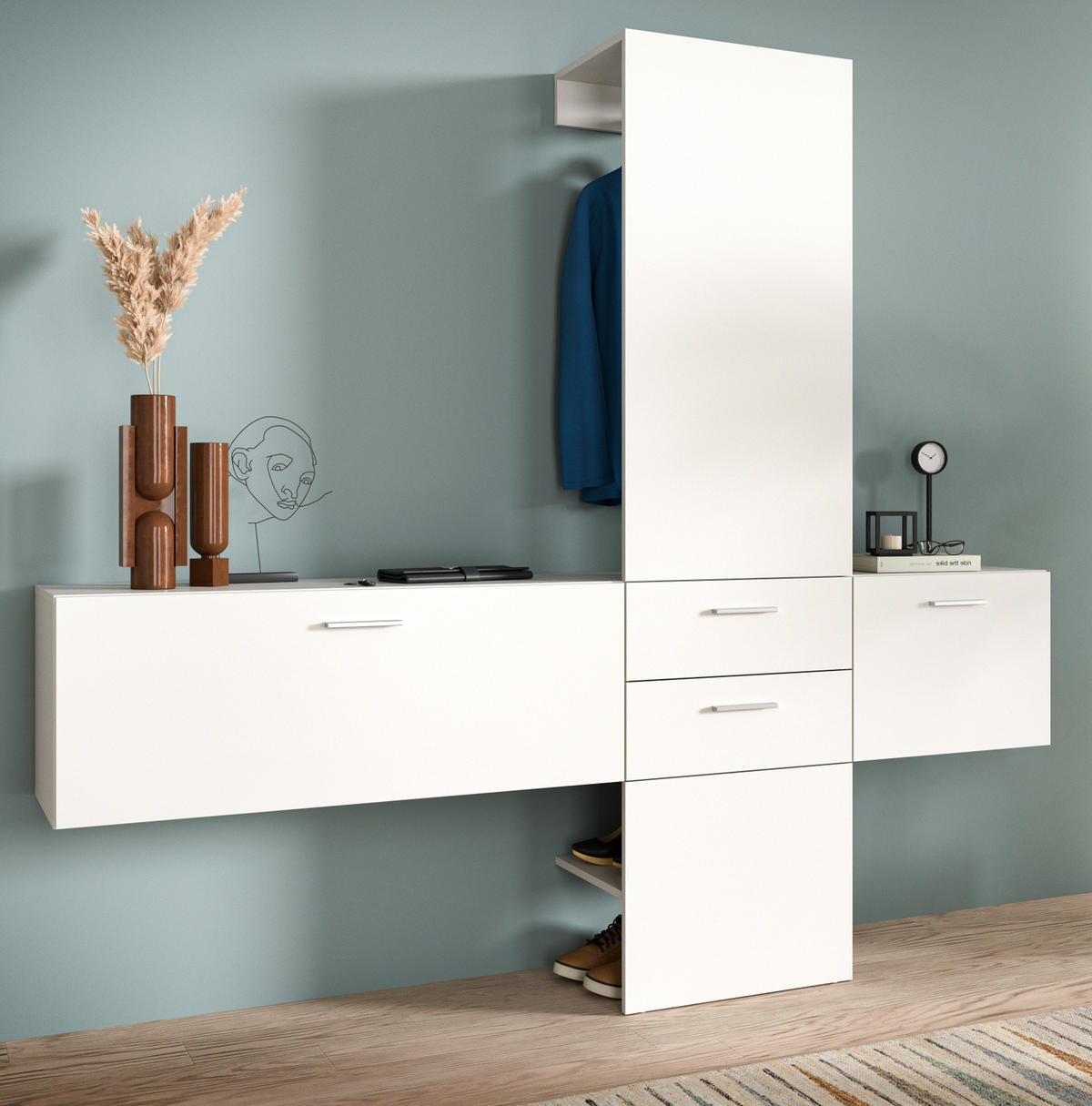 GARDEROBE Set 3-teilig weiß 208 cm, Komplettset mit viel Stauraum - Silberfarben/Weiß, Glas/Holzwerkstoff (208/190/36cm) - Inn.Furn