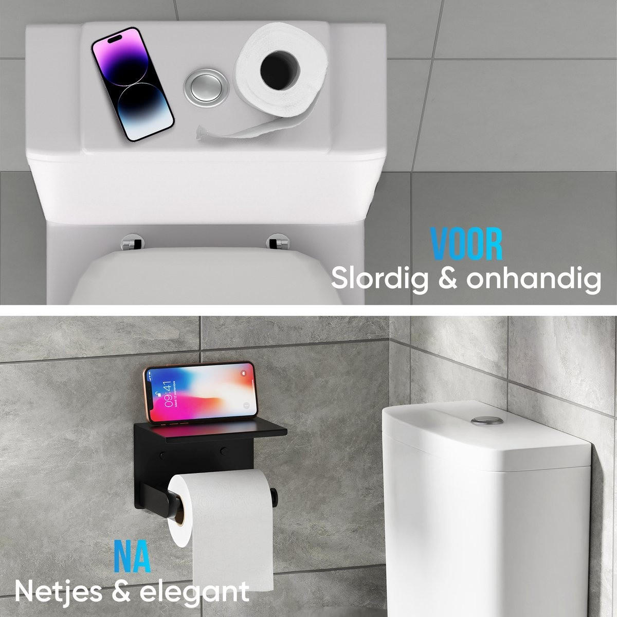 TOILETTENPAPIERHALTER Schwarz mit Ablage klebend oder Bohrung für Toilettenpapier - Schwarz, Metall (10/10/14cm) - MCBOSON
