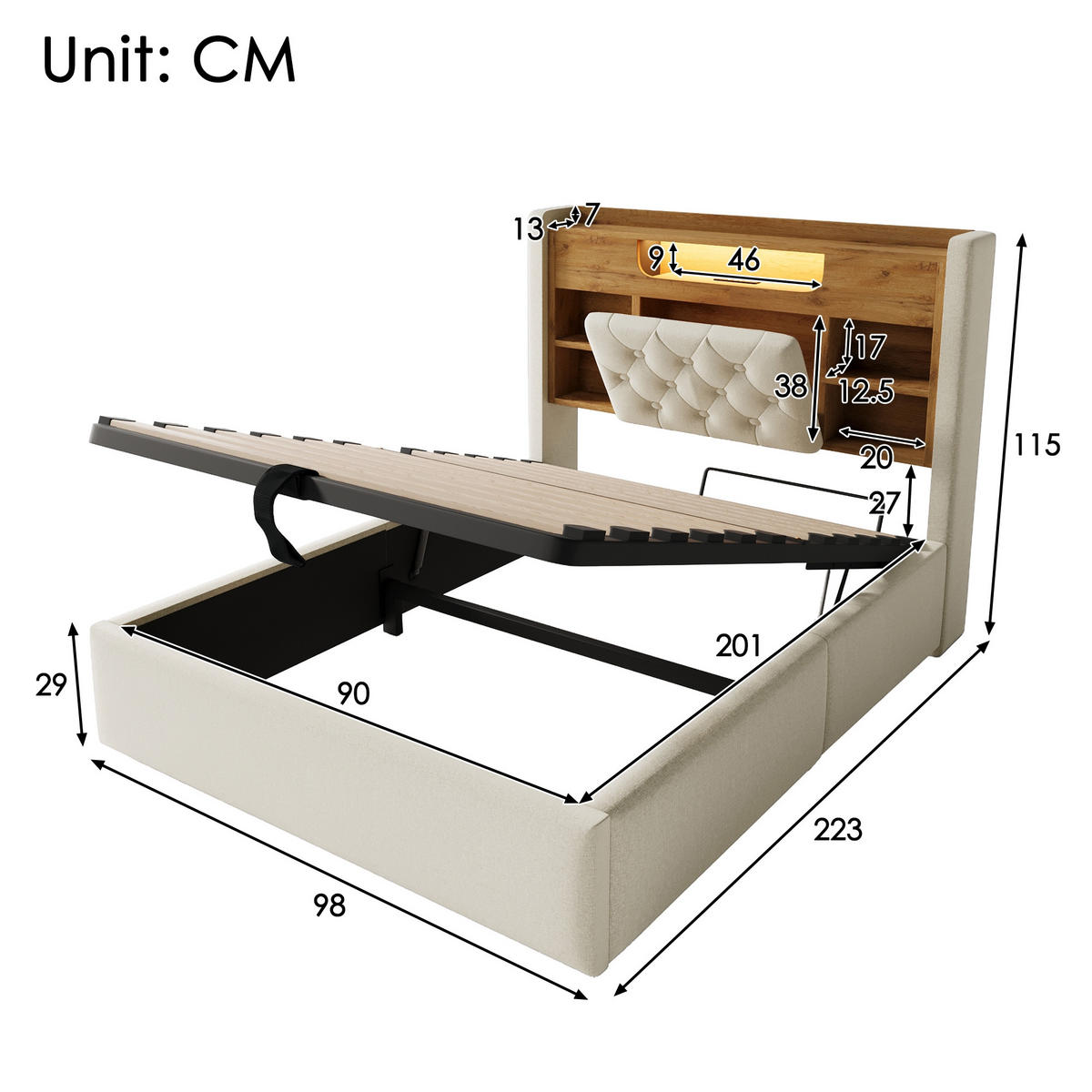 POLSTERBETT 90/200 cm Beige mit LED-Beleuchtung und Stauraum-Kopfteil - Beige, Textil (90/200cm) - Oxeza