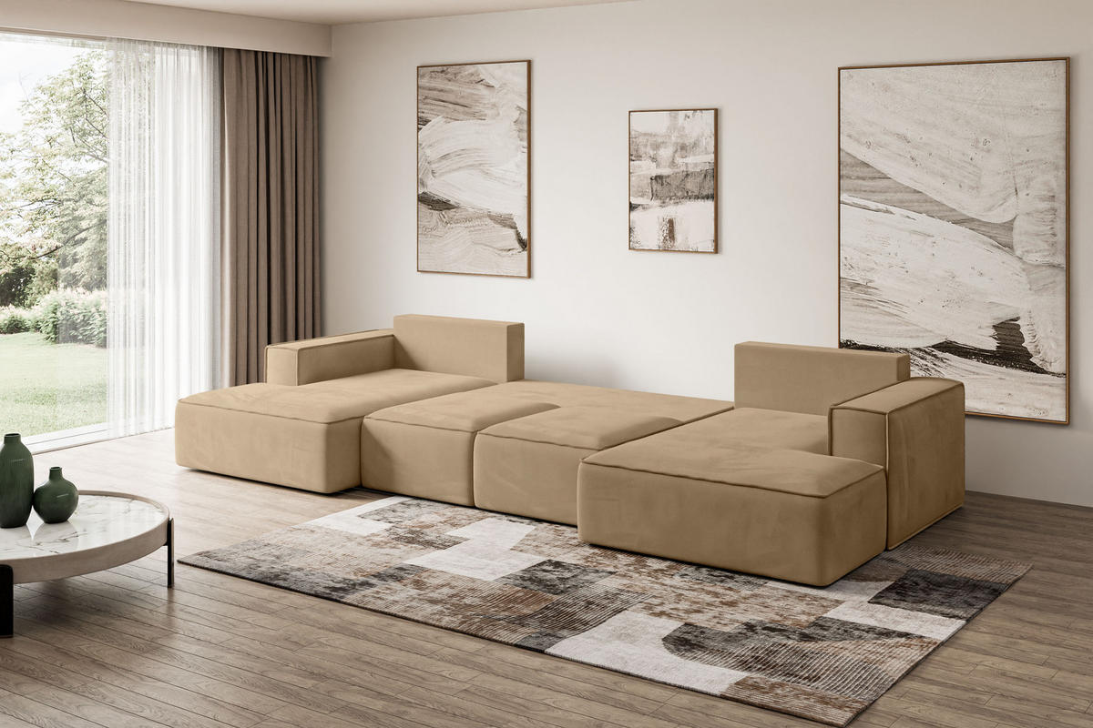 WOHNLANDSCHAFT mit Schlaffunktion und Bettkasten SIERRA-U-S - 349x161x87 cm Beige Velours - Beige/Schwarz, Holzwerkstoff/Kunststoff (349/87/161cm) - ALTDECOR