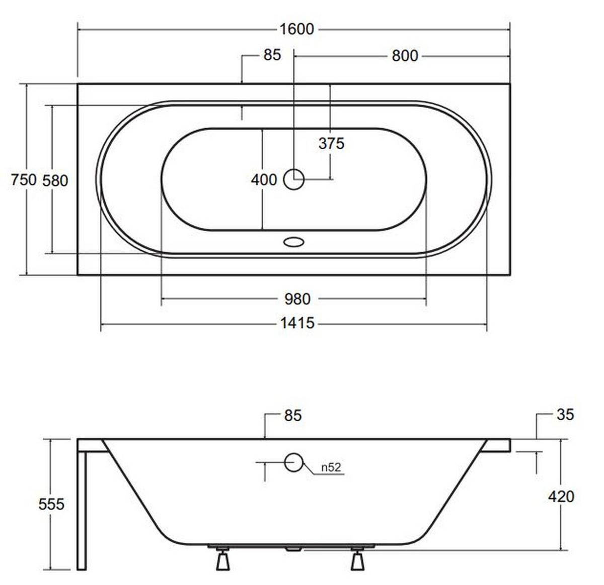 BADEWANNE Rechteck VITAE 160/75 mit Schürze Ablauf Füße - Weiß, Kunststoff (75/55.5/160cm) - bad land