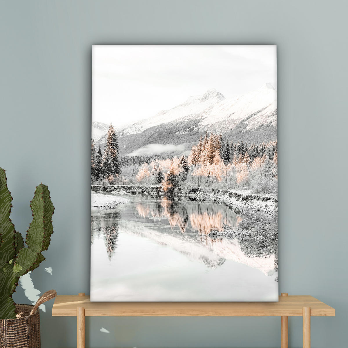 LEINWANDBILD Natur - Winter - Bäume - Berge - Schnee Wandbild Wohnzimmer 60x80 cm - Weiß Hochglanz, Textil (60/80cm) - MuchoWow