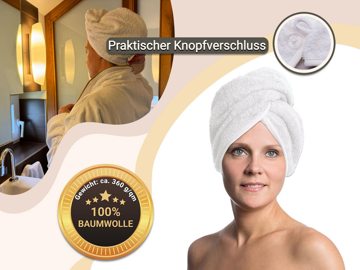 HAARTURBAN, 23x64 cm, 100% Baumwolle, Weiß - Weiß, Textil (23/64cm) - Zollner