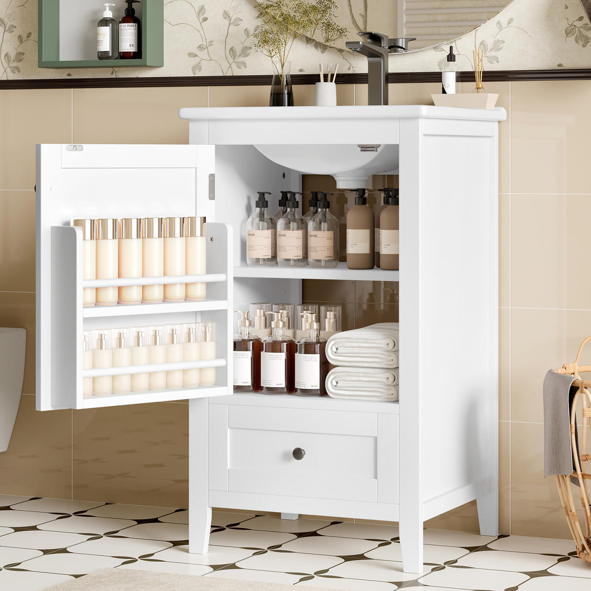 WASCHTISCHKOMBI 51/46/85 cm Weiß aus Keramik und MDF mit verstellbarem Regal - Weiß, Holzwerkstoff (51/85/46cm) - OKMYHOME