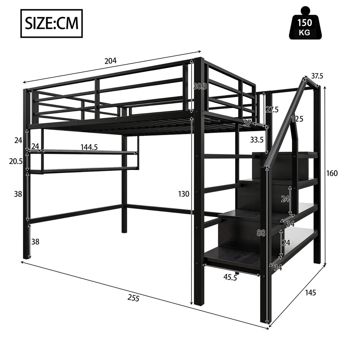 HOCHBETT 140/200 cm Schwarz aus Metall mit Stauraumleiter - Schwarz, Metall (140/200cm) - OKMYHOME