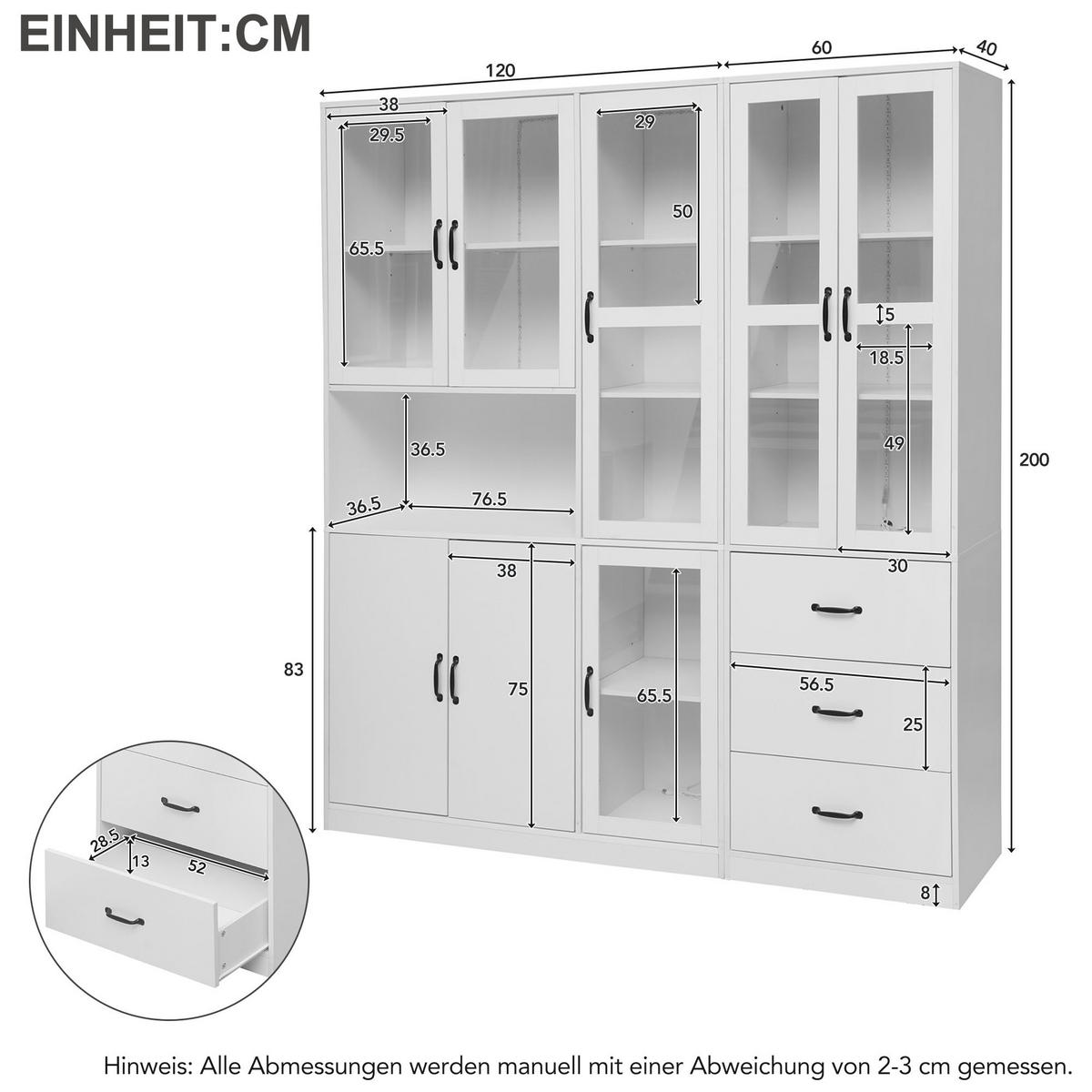 VITRINE in Weiß Vitrinenschrank-Set mit LED-Beleuchtung, 8 Türen und 3 Schubladen für Wohnzimmer, B180/T40/H200 cm - Weiß, Holzwerkstoff (180/200/40cm) - STILVORA