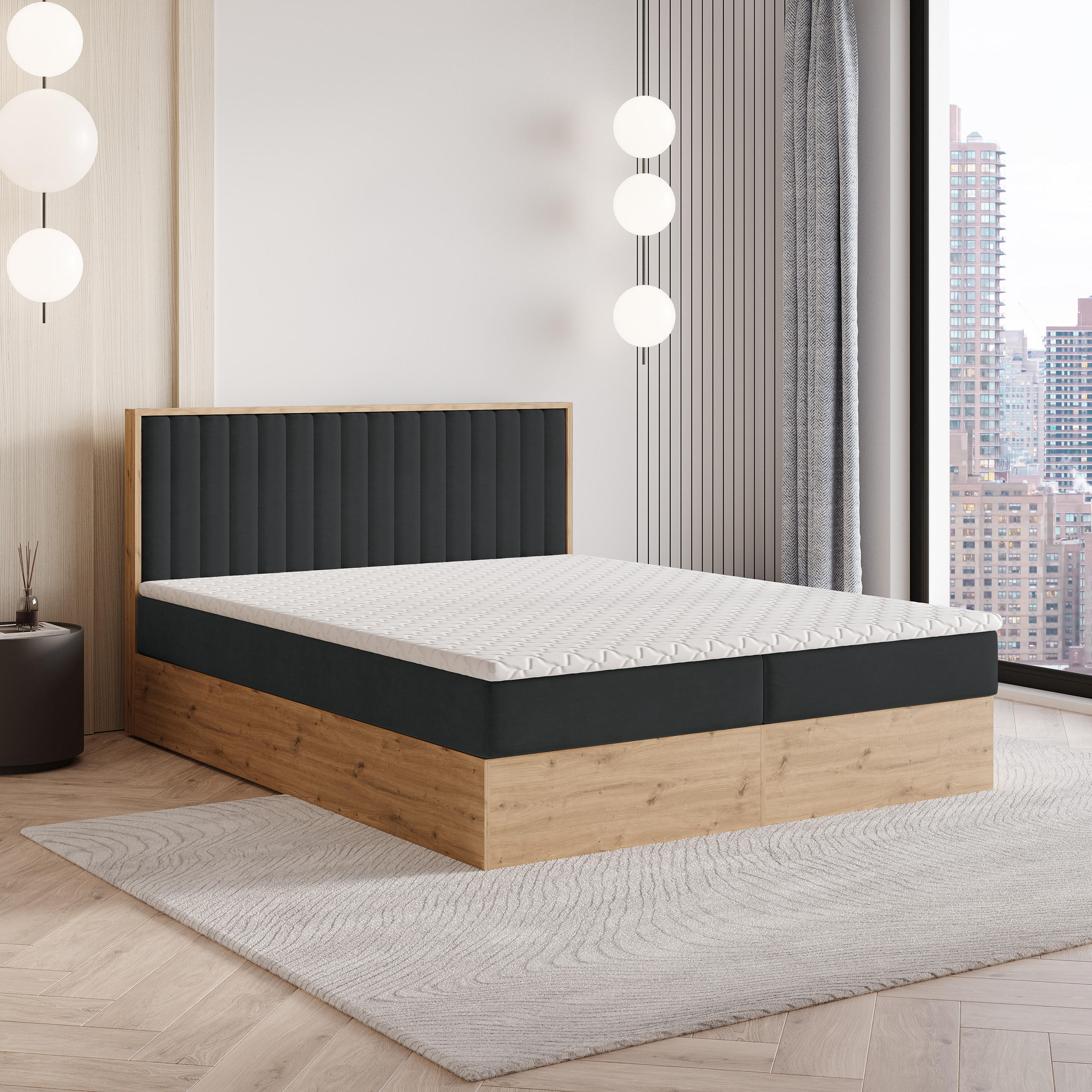 BOXBETT VARELI 140x200 cm mit Matratze und Topper - Schwarz - Schwarz, Holz (140/200cm) - MASSENO