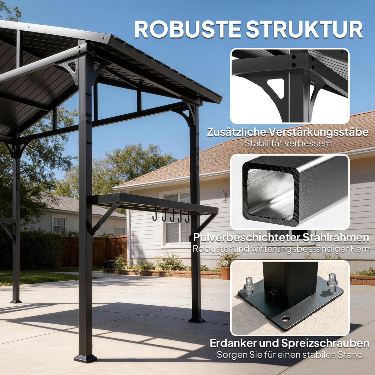 GRILLPAVILLON mit Ablage und Haken Dunkelgrau - Schwarz, Metall (156/248/252cm) - Outsunny