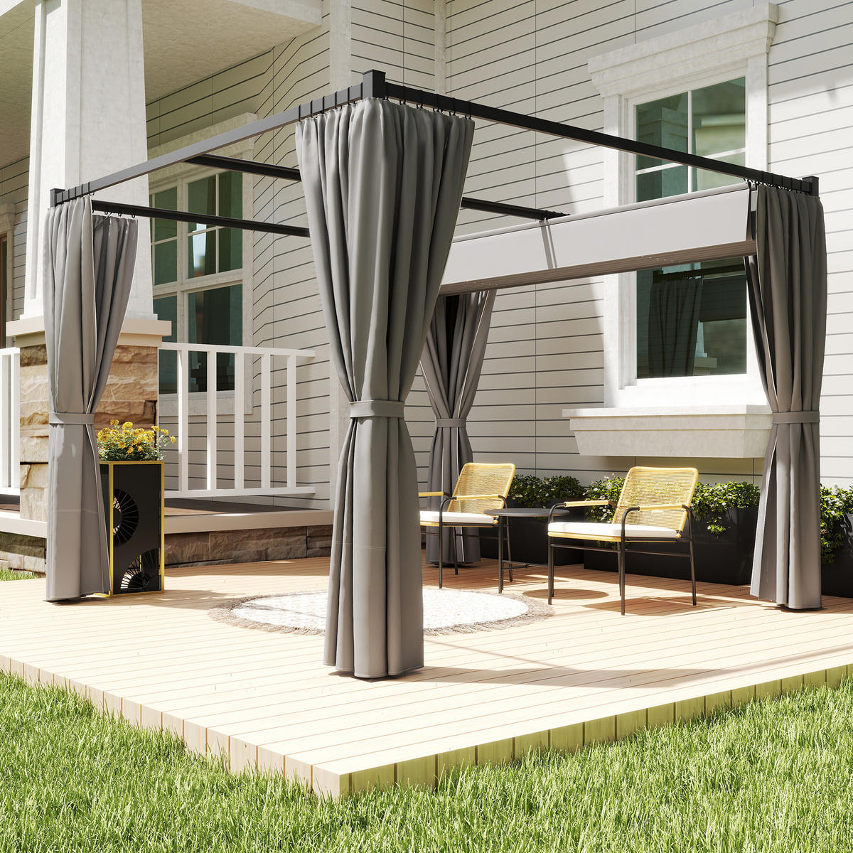 PERGOLA mit Schiebedach 4 Seitenwände Hellgrau 3 x 3 m - Hellgrau, Metall (300/227/300cm) - Outsunny