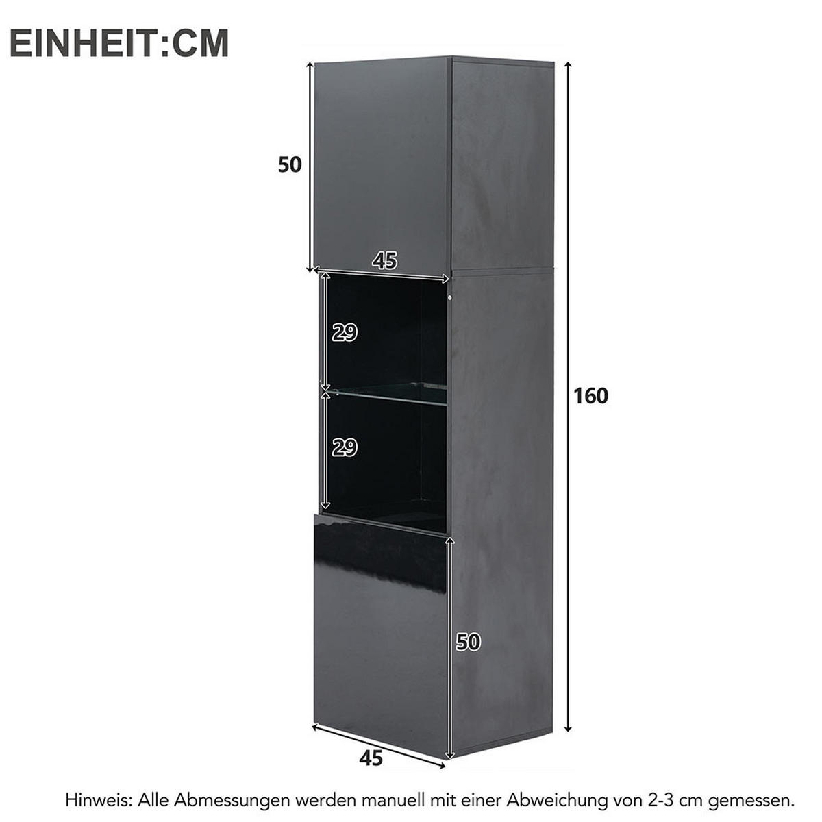 VITRINE in Hochglanzschwarze mit 1 Glasboden - Schwarz, Holz (35/160/45cm) - KOMHTOM