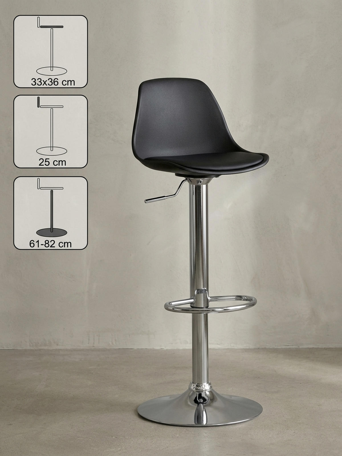 BARHOCKER Lederoptik Verchromt Drehbar BERN, Schwarz 40x40x104 cm - Silberfarben/Schwarz, Kunststoff/Textil (40/104/40cm) - KADIMA DESIGN