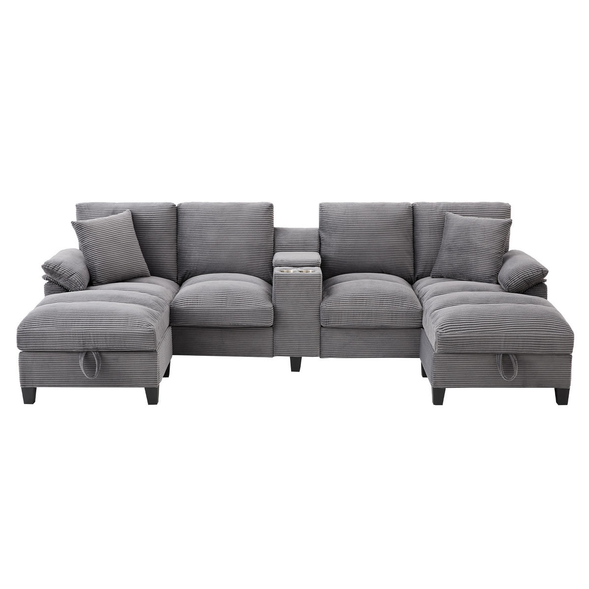 WOHNLANDSCHAFT U-Form Cord mit Stauraum und USB-Anschluss 293/142/93 cm Grau - Grau, Kunststoff/Textil (93/293/142cm) - Redom