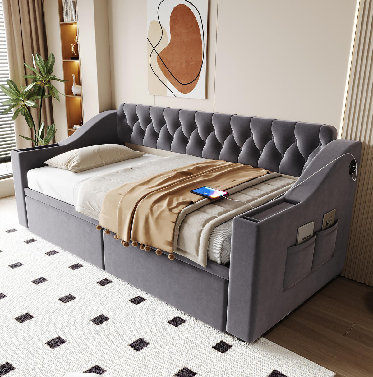 SCHLAFSOFA aus Samt 90x190 cm Grau mit Schubladen, Stauraum und Ladeanschlüssen - Grau, Textil (90/190cm) - IVMEU