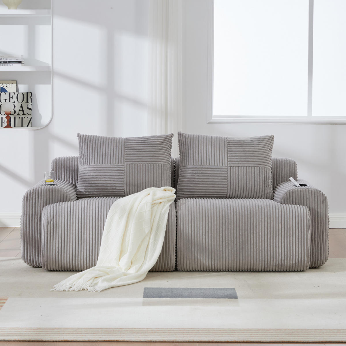 2-SITZER Sofa Cordstoff mit Getränkehalter und Seitentasche 200/99/80 cm Hellgrau - Hellgrau, Textil (99/80/200cm) - Redom