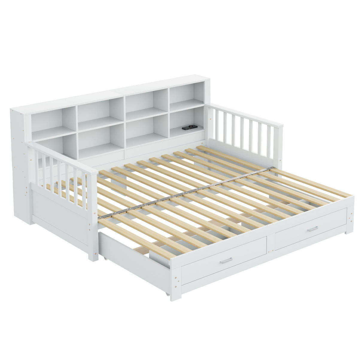 BETT aus Kiefernholz 90x190/180x190 cm Weiß mit Ausziehbett, Steckdose, Stauraumrückenlehne und 2 Schubladen - Weiß, Holzwerkstoff (90/190cm) - Modfu
