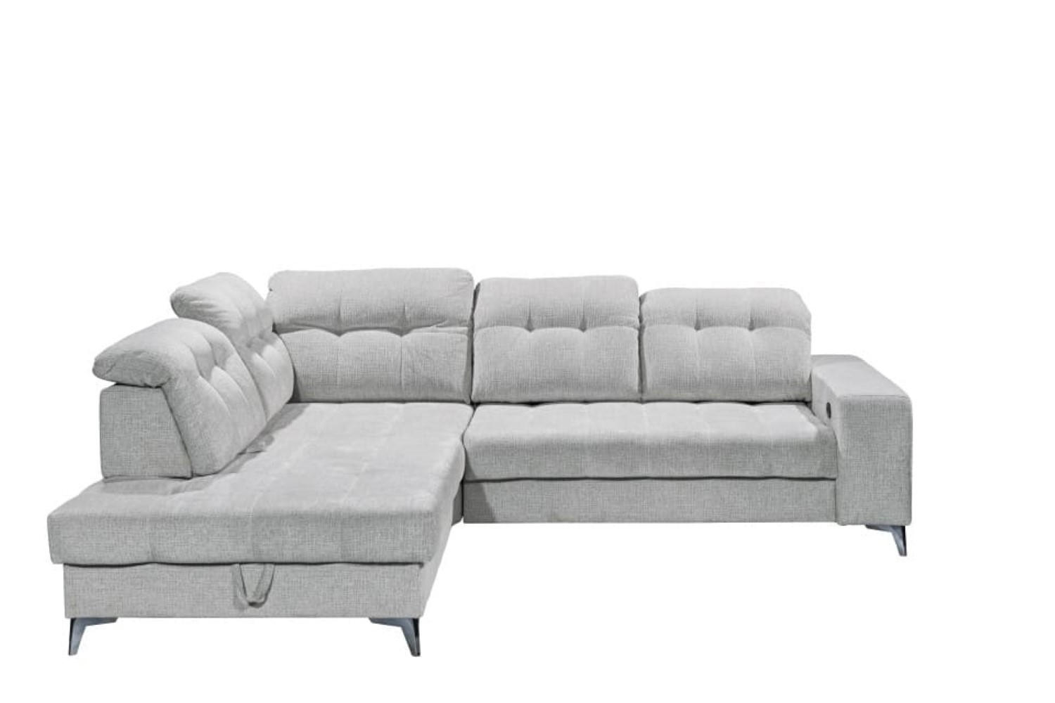 ECKSOFA mit elektronischem Sitzvorschub, Bettkasten und USB-Anschluss - Hellgrau/Schwarz, Textil/Metall (289/220cm) - ed exciting design