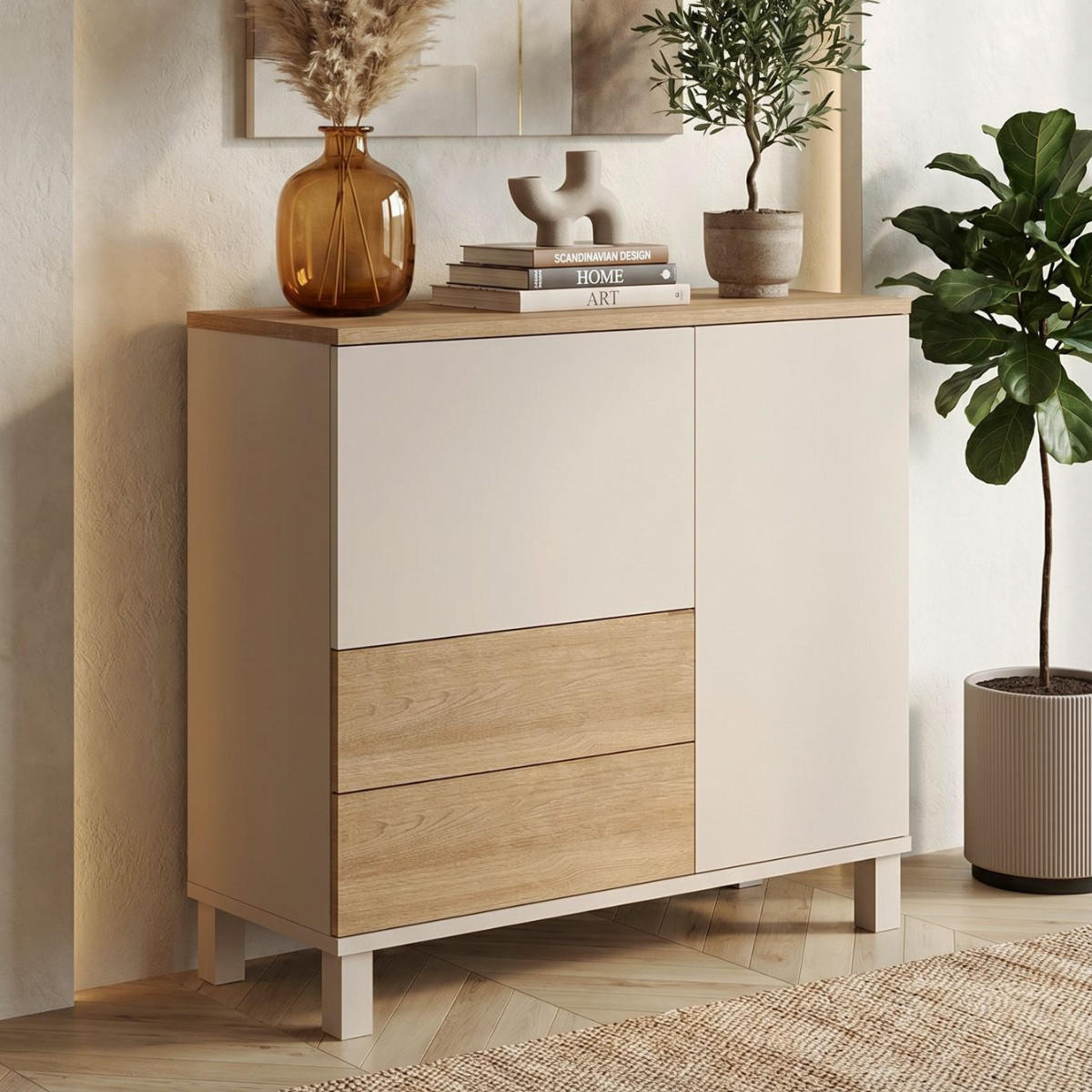 SIDEBOARD with 2 doors and 2 drawers, cashmere and oak decor, 35/82,4/87,2 cm - Beige, Holzwerkstoff (35/82.4/10cm) - Calicosy