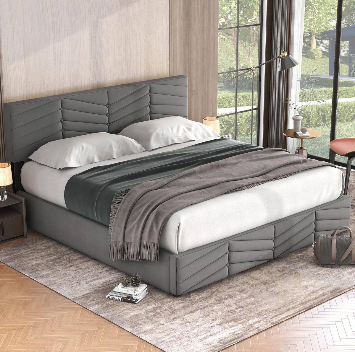 SAMT-POLSTERBETT 180/200 cm mit Bettkasten und höhenverstellbarem Kopfteil - Grau, Textil (180/200cm) - BEAOK