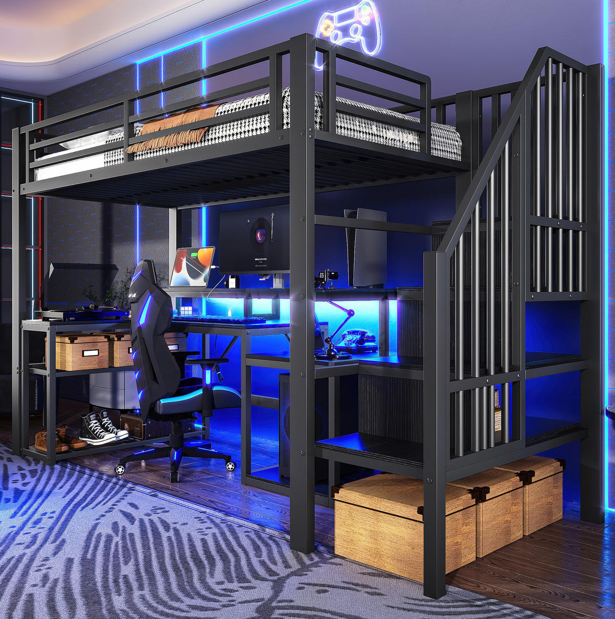 HOCHBETT 90/200 cm mit Schreibtisch, USB-Anschluss, LED-Beleuchtung und Stauraum aus Metall und MDF, Schwarz - Schwarz, Metall (90/200cm) - Redom