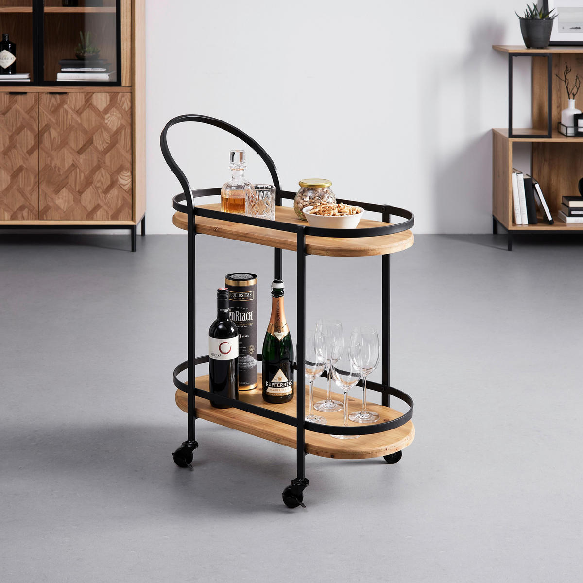 ROLLWAGEN Jolanda Natur/ Schwarz Echtholz/Metall - Naturfarben, Holz (70/86/35cm) - Bessagi Home