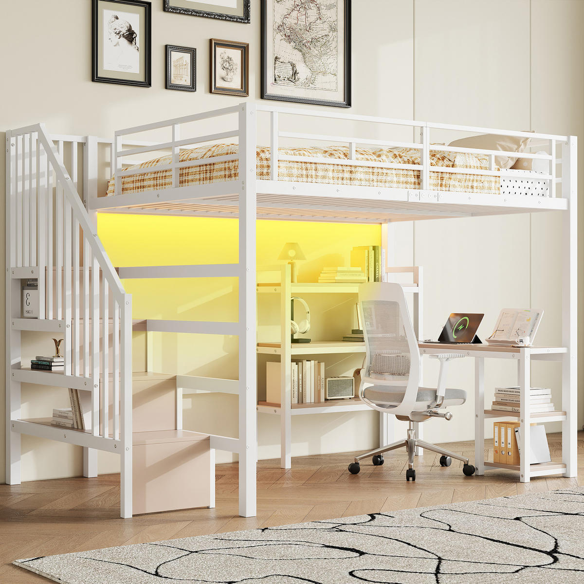 HOCHBETT 140/200 cm in Weiß mit Schreibtisch, Ablagefächern, LED und USB - Weiß, Holzwerkstoff/Metall (140/200cm) - WISHDOR