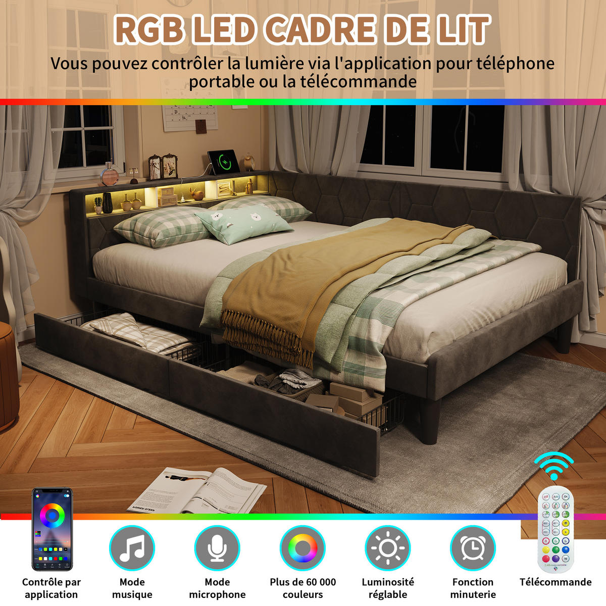 POLSTERBETT 140x200 cm mit 2 Schubladen, LED-Kopfteil und Stauraum, USB- und Typ-C-Ladefunktion, Lattenrost, Samtstoff - Grey - Grau, Holzwerkstoff (140/200cm) - Brevoria