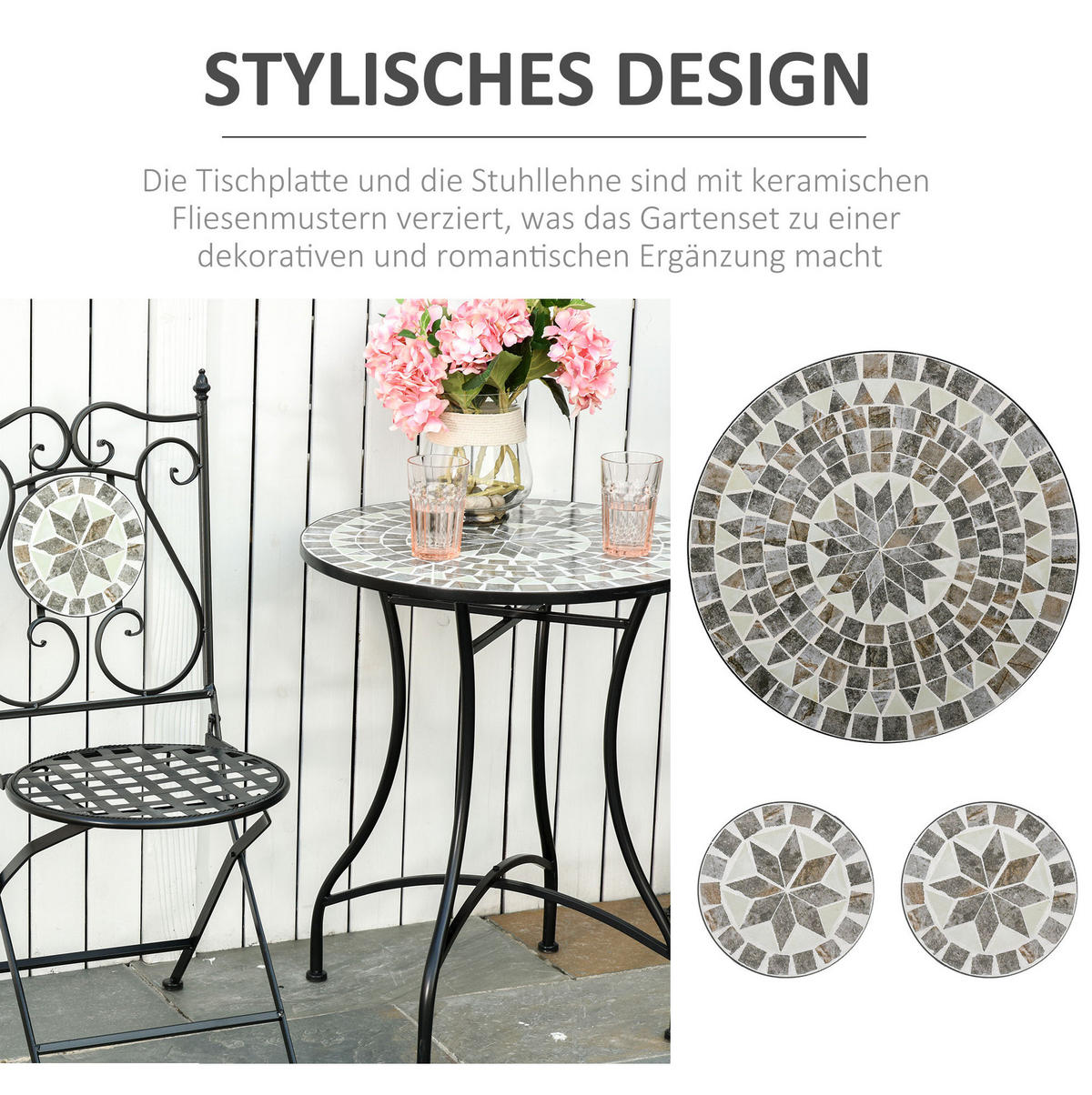 GARTENSET aus Metall, Tisch Ø60x71 cm, Stühle 50x49x95 cm, Grau, mit Klappstühlen und Mosaikdetails - Grau, Metall - Modfu