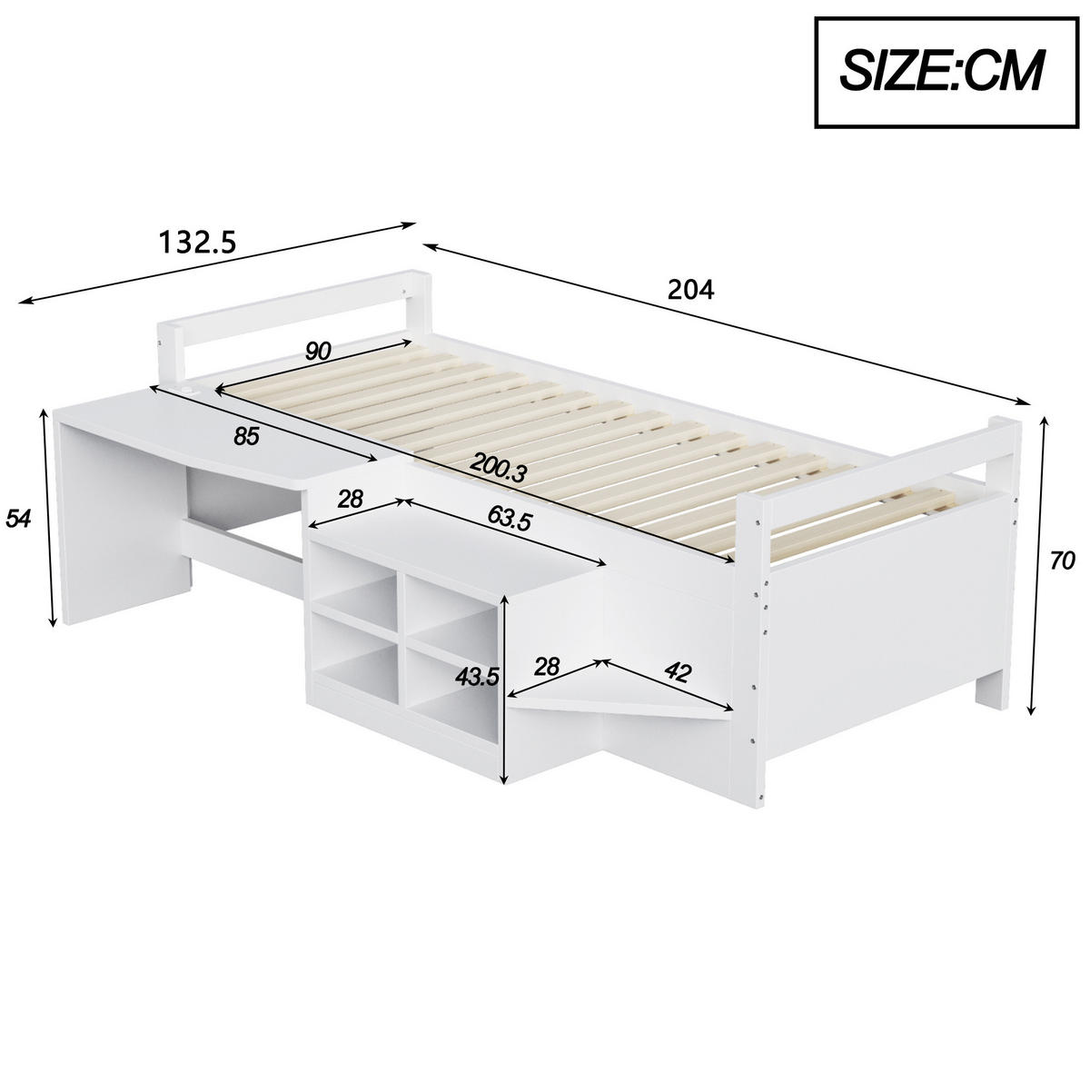 MULTIFUNKTIONSBETT 90/200 cm, Weiß mit Schreibtisch, USB-Steckdose - Weiß, Holz (90/200cm) - MIVRAY