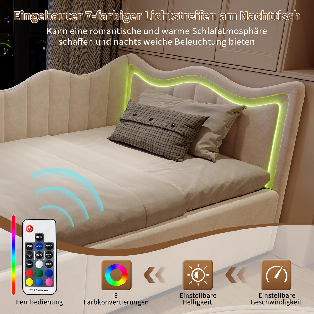 TAGESBETT 90/200 cm mit hydraulischem Stauraum, Samtstoff - Beige, Holz/Metall (180/200cm) - PARAFTA HOME