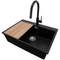 GRANITSPÜLE Oslo, 2-er set Schwarz 68/50 cm 1 Becken + Küchenarmatur 40/20 cm + Ablauf-Set + Schneidebrett ab 70er Unterschrank - Chromfarben/Beige, Kunststoff (68/20/50cm) - Primagran