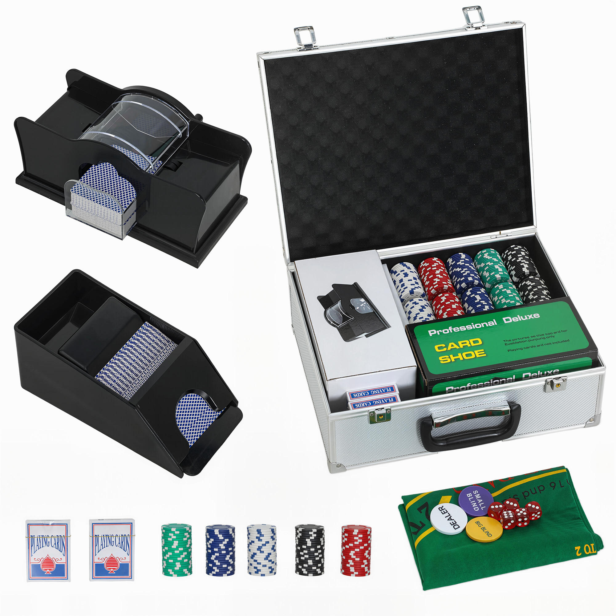 POKERSET DE-10830 300 Chips & Kartenmischer für 8 Spieler Silber - Silberfarben, Metall (30/36cm) - ComfortXL