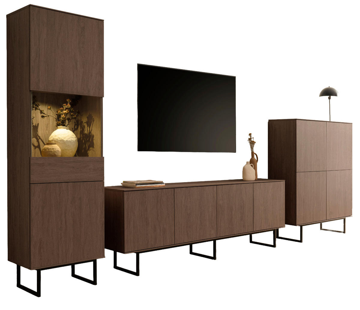 WOHNWAND in Nussbaum 3-teilig 400 cm, Wohnkombination mit Push-to-Open - Nussbaumfarben/Schwarz, Glas/Holzwerkstoff (400/200/40cm) - Furn.Design