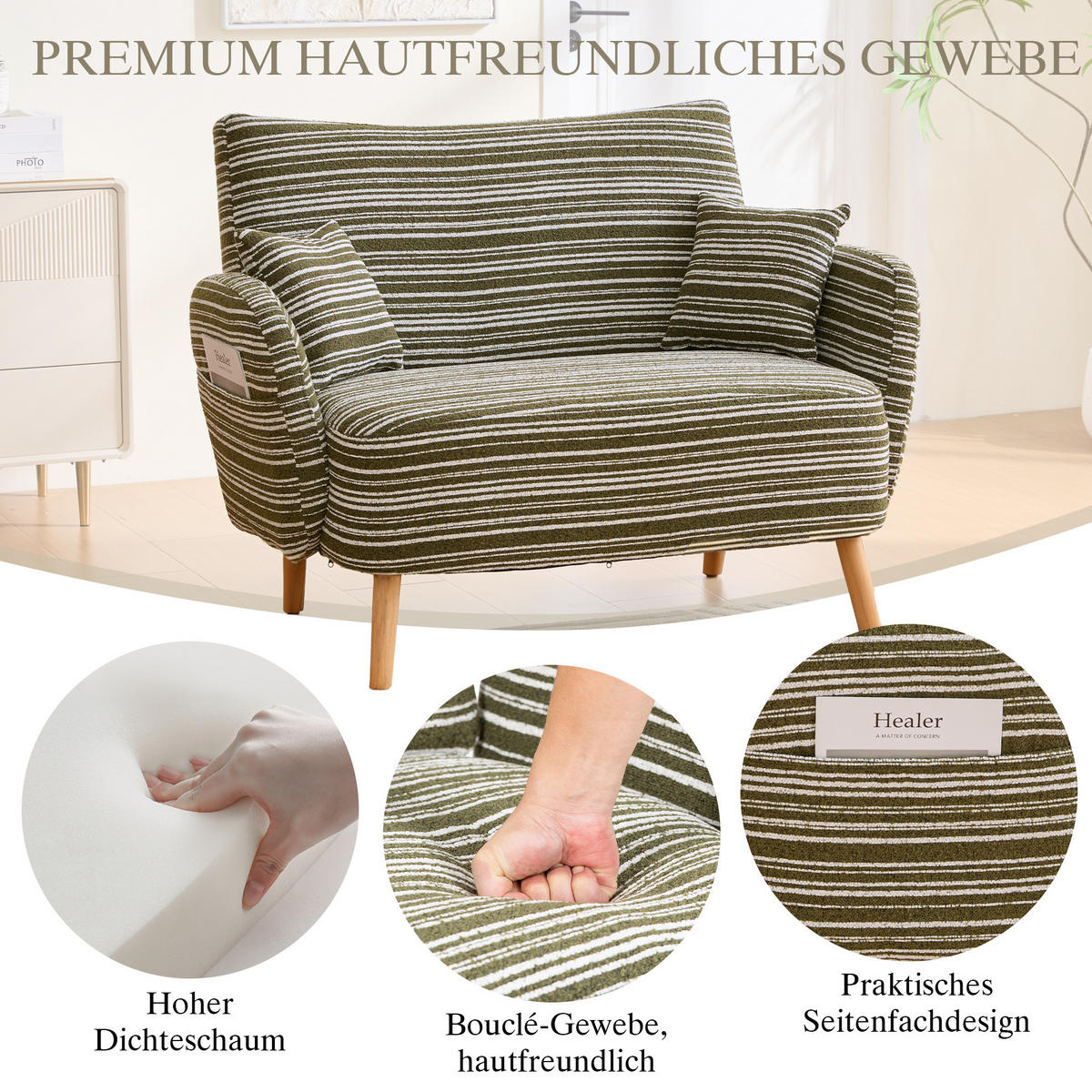 2-SITZER-SOFA aus Bouclé 121x81,5x87 cm in Olivgrün mit Seitentaschen - Grün, Textil (81.5/87/121cm) - Modfu