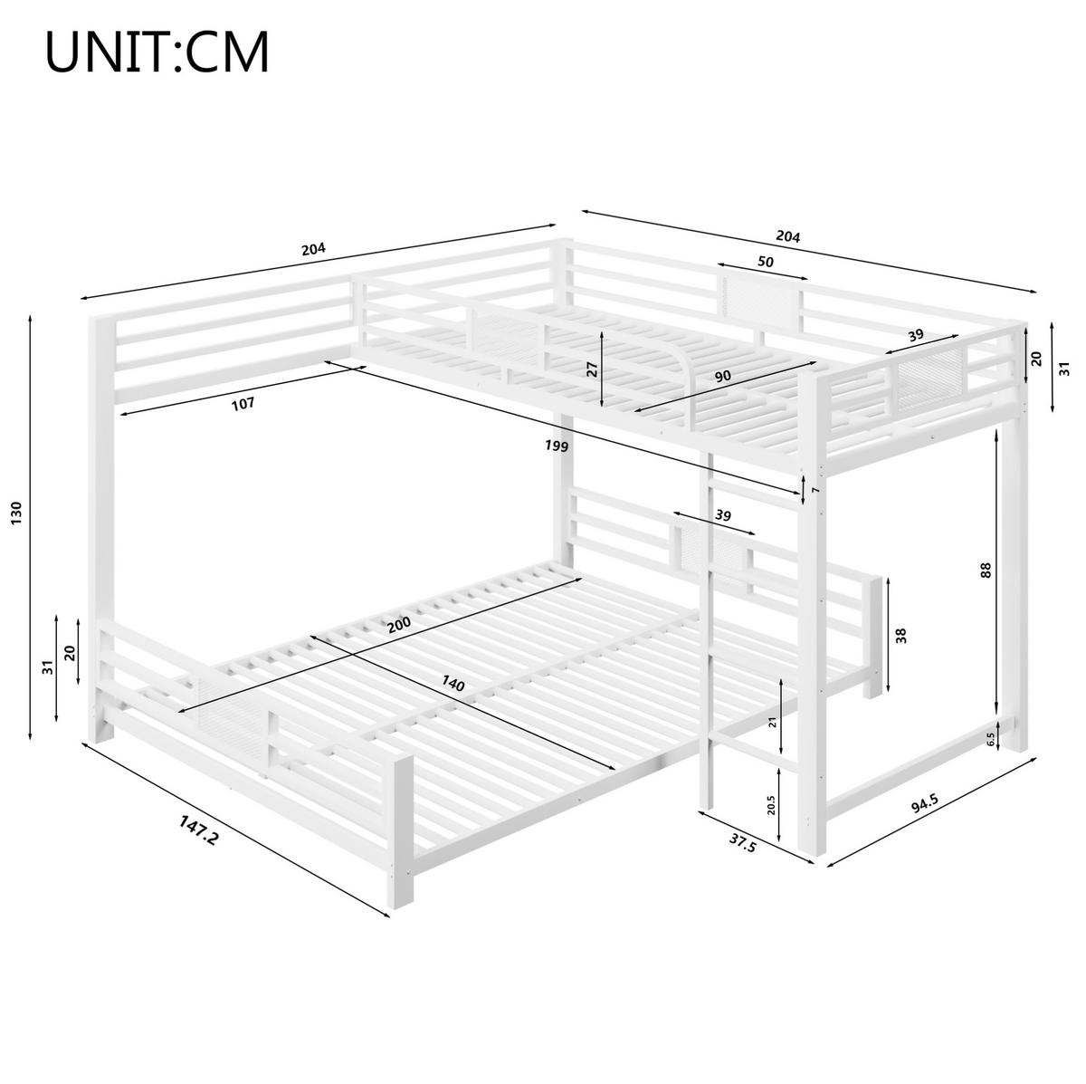ETAGENBETT 90/200 cm über 140/200 cm, Weiß aus Metall - Weiß, Metall (140/200cm) - MIVRAY