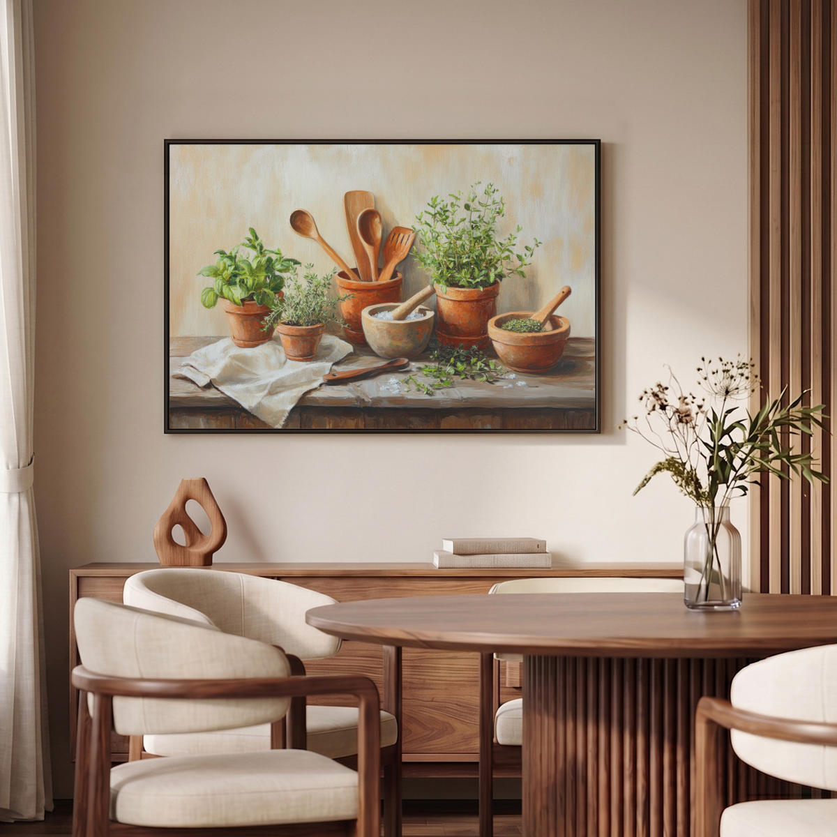 LEINWAND Bilder mit Rahmen - Töpfe - Kräuter - Holz - 90x60 - Terracotta, Textil (90/60cm) - MuchoWow