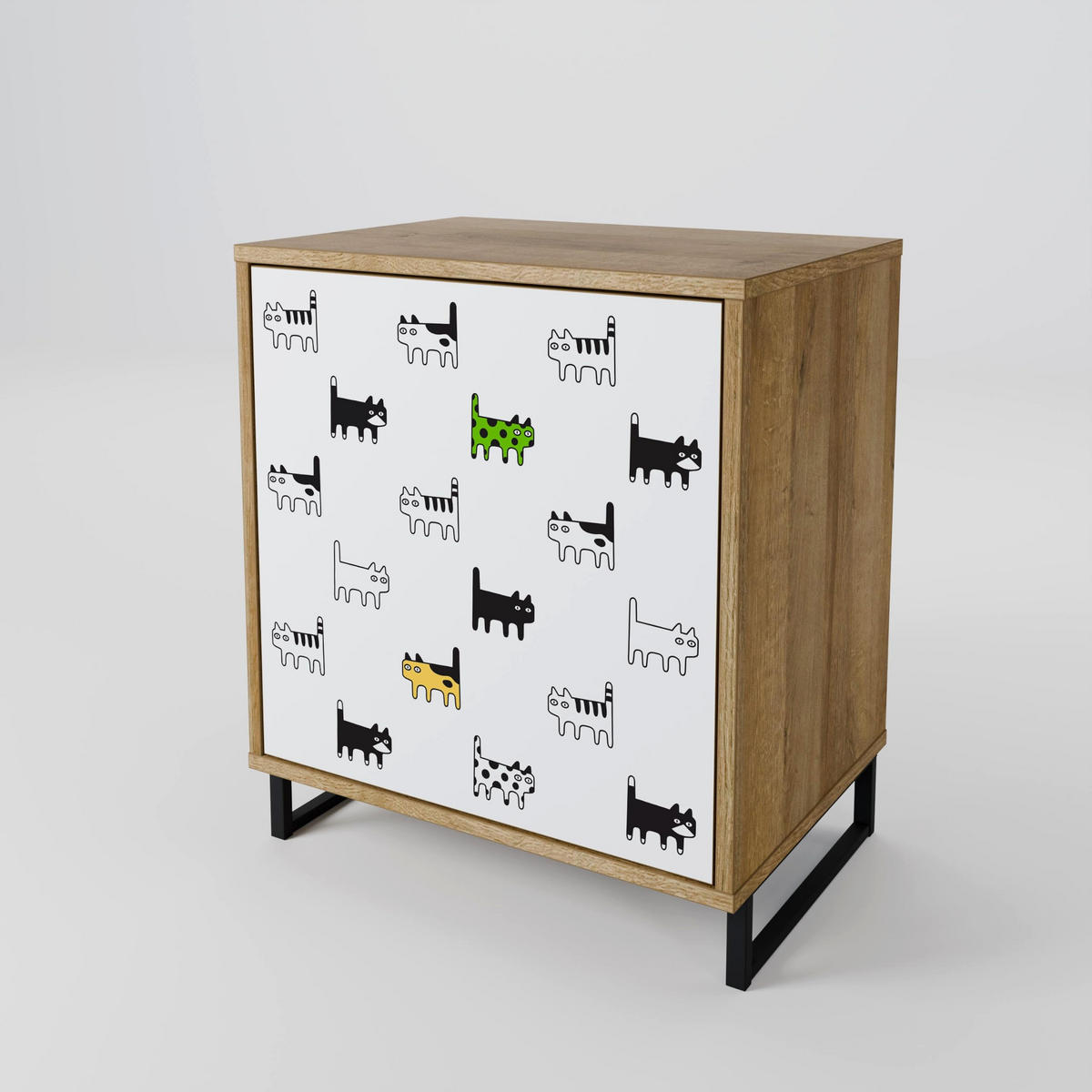 SIDEBOARD CATS COMPILATION, Eichefarben, 57,5x42x72,5 cm, Schwarze Metallfüße - Eichefarben/Multicolor, Holzwerkstoff/Metall (57.5/72.5/42cm) - SpaceRebels