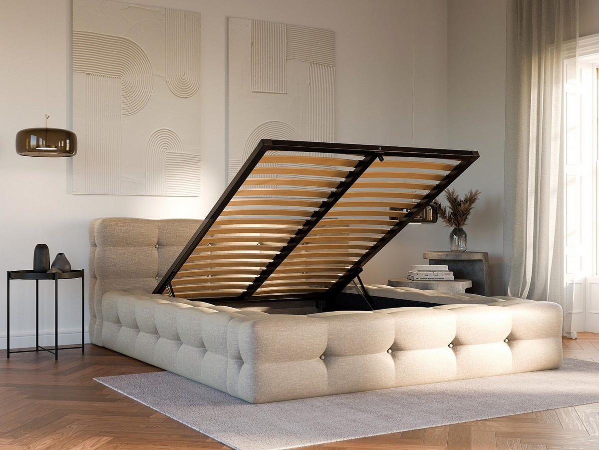 BETT mit Bettkasten - 2 Personen - Stoff - Beige - Beige, Textil (140/190cm) - Vente-Unique